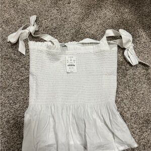 J. Crew White Smocked Top with Bow Straps